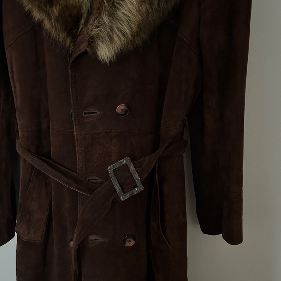Vintage Long Brown Suede Fur collar Trench Coat - Picture 2 of 6